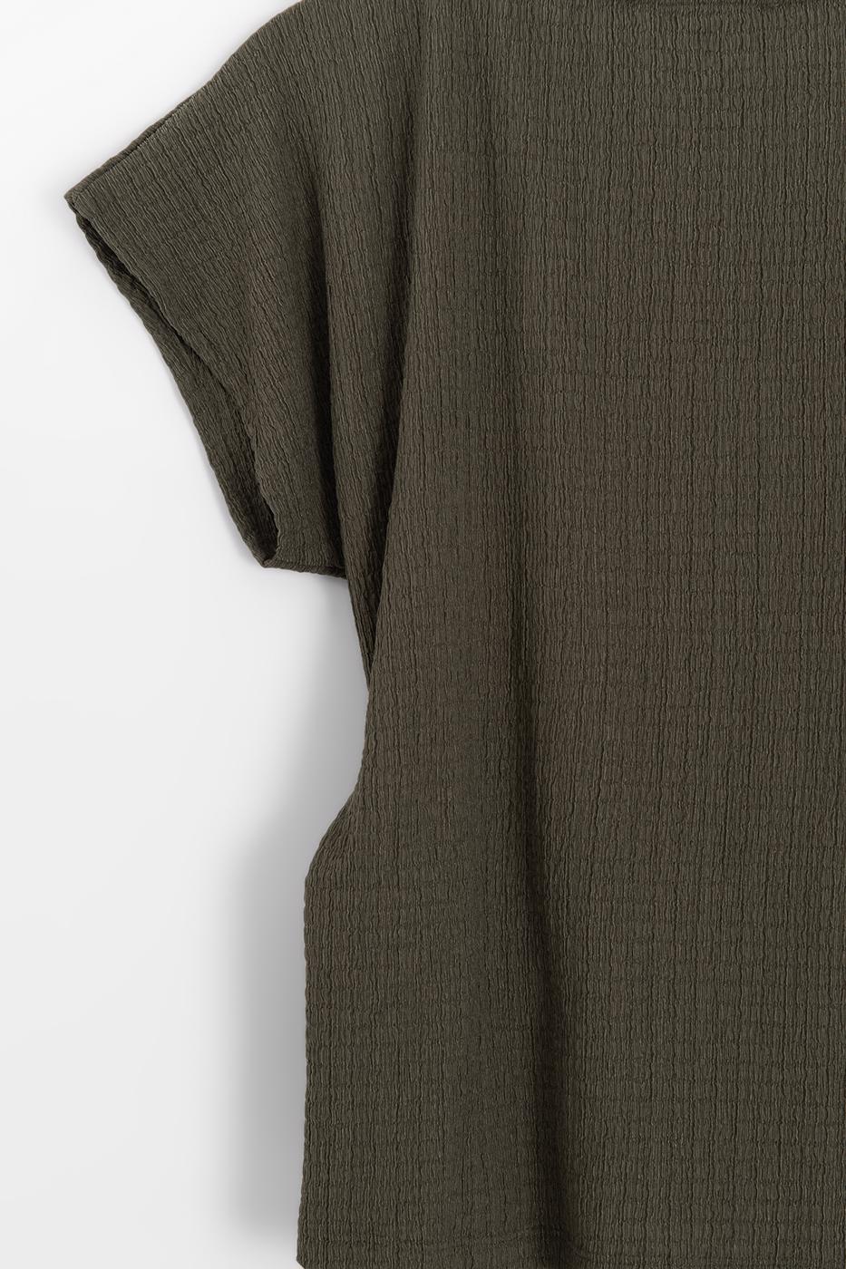 Textured Dropped Sleeve Tie-Up Blouse Khaki
