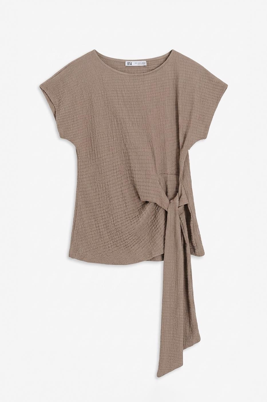 Textured Dropped Sleeve Tie-Up Blouse Mink