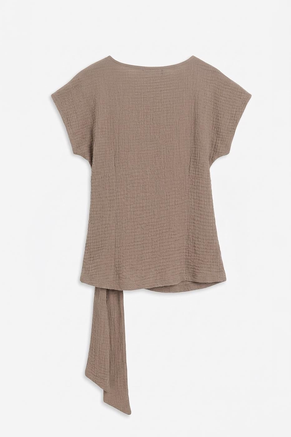 Textured Dropped Sleeve Tie-Up Blouse Mink