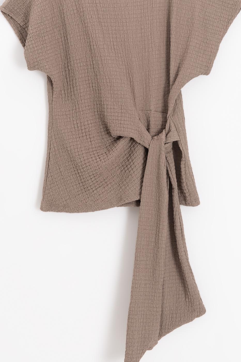 Textured Dropped Sleeve Tie-Up Blouse Mink