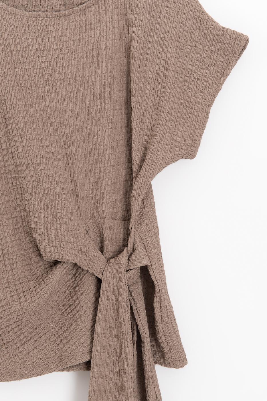 Textured Dropped Sleeve Tie-Up Blouse Mink