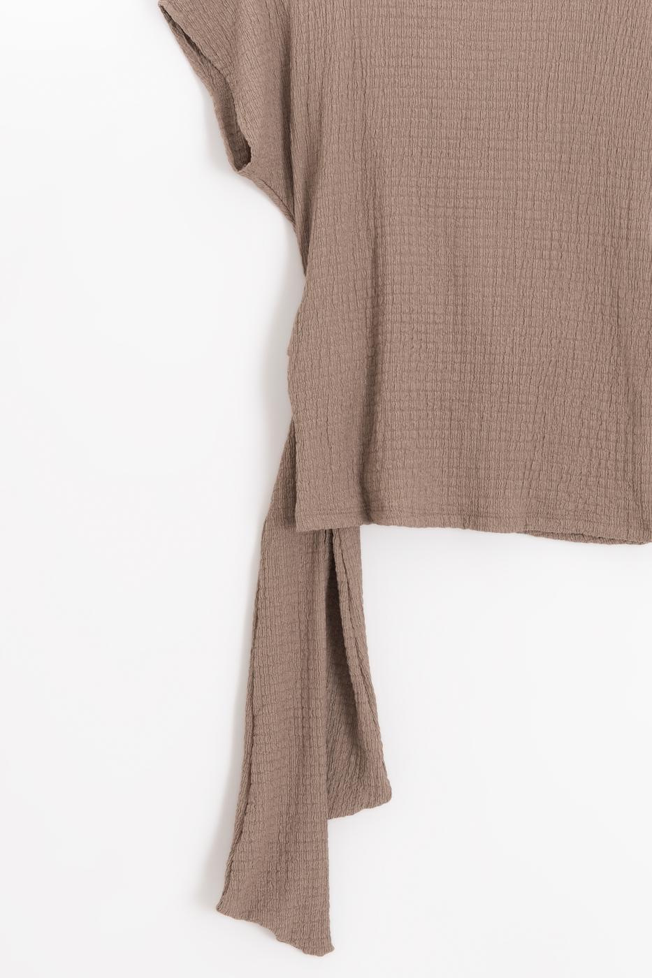 Textured Dropped Sleeve Tie-Up Blouse Mink