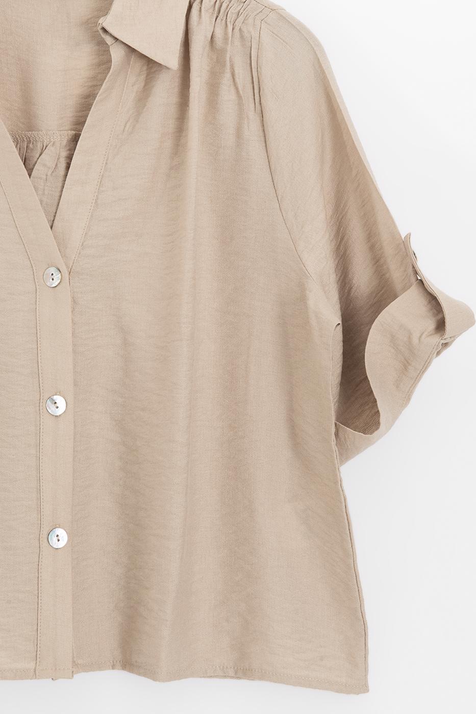 Draped Short-Sleeve Shirt Beige