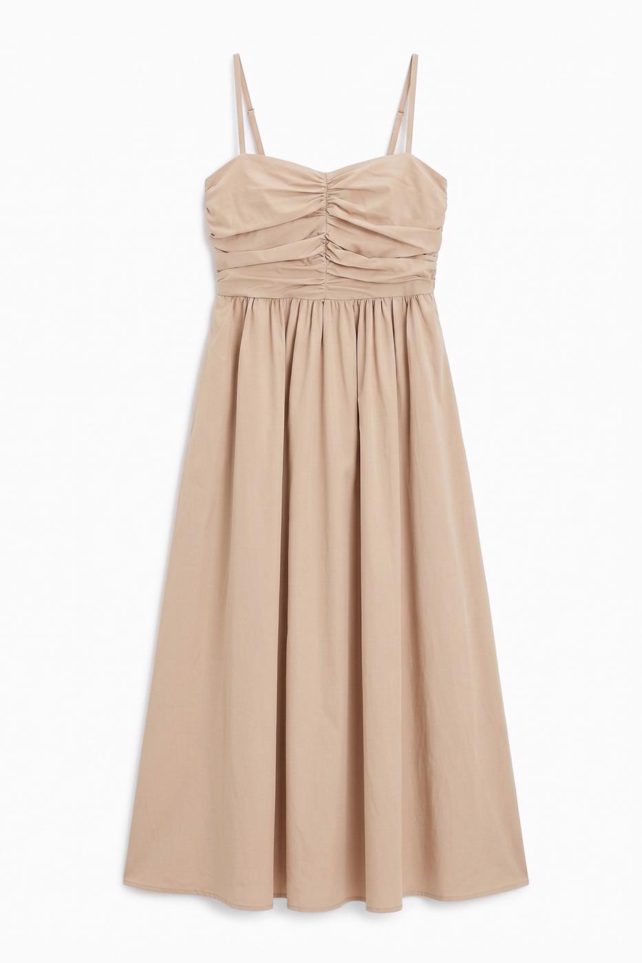 Draped Strappy 100% Cotton Midi Dress Beige