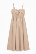 Draped Strappy 100% Cotton Midi Dress Beige