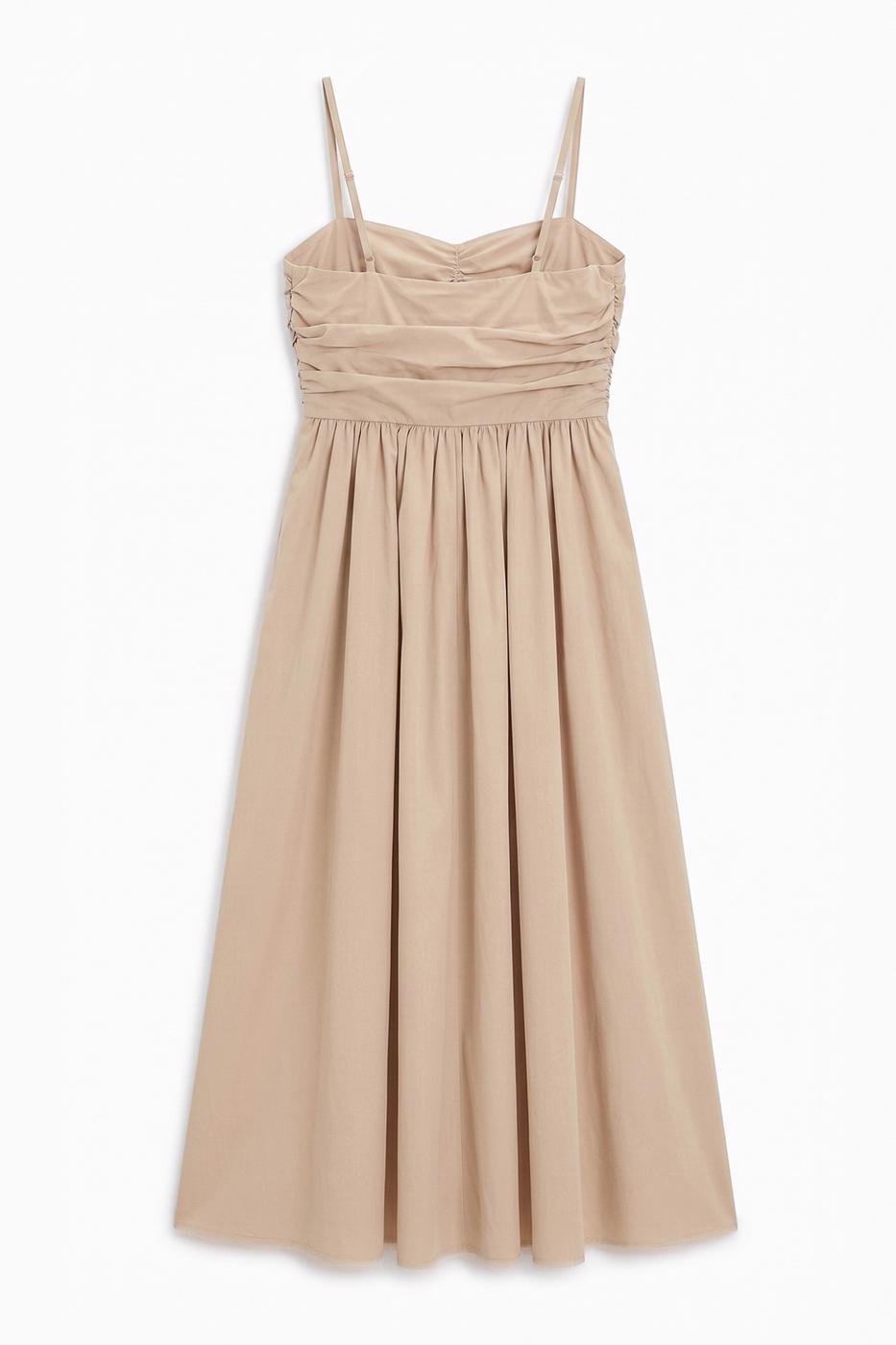 Draped Strappy 100% Cotton Midi Dress Beige