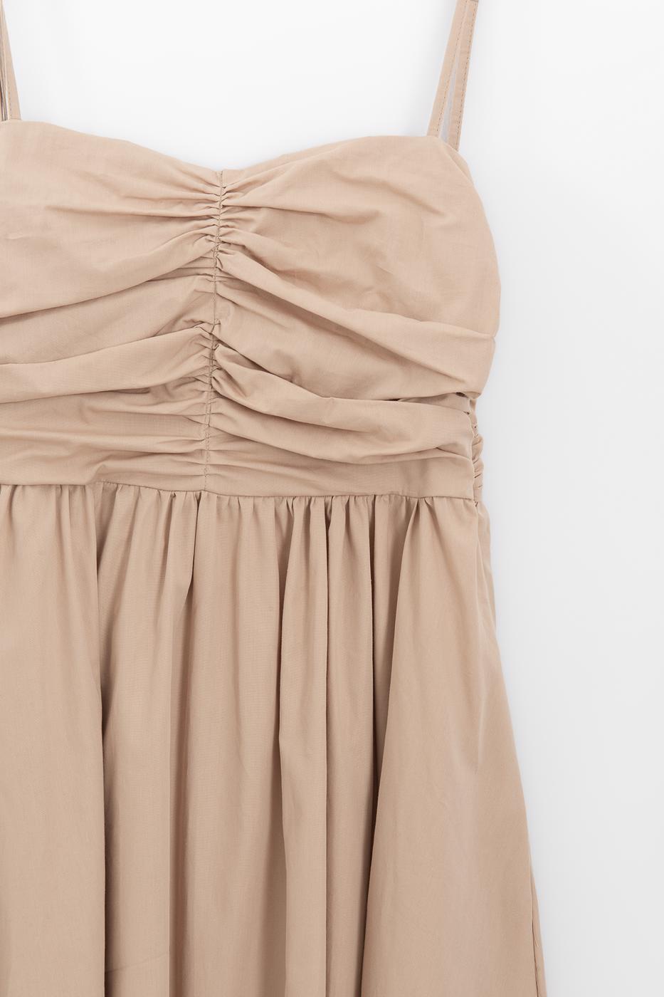 Draped Strappy 100% Cotton Midi Dress Beige