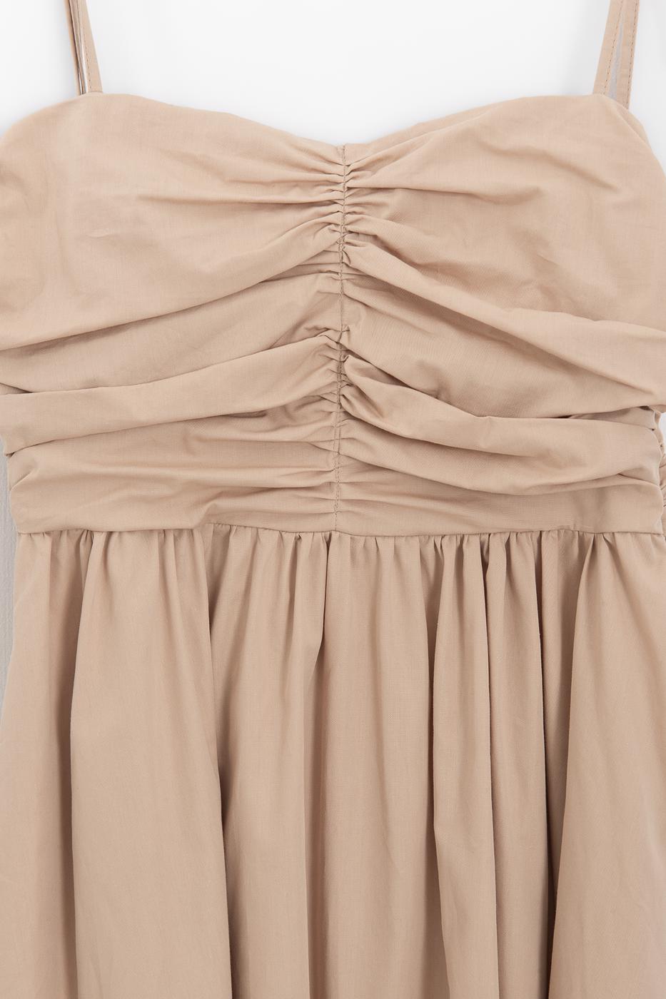 Draped Strappy 100% Cotton Midi Dress Beige