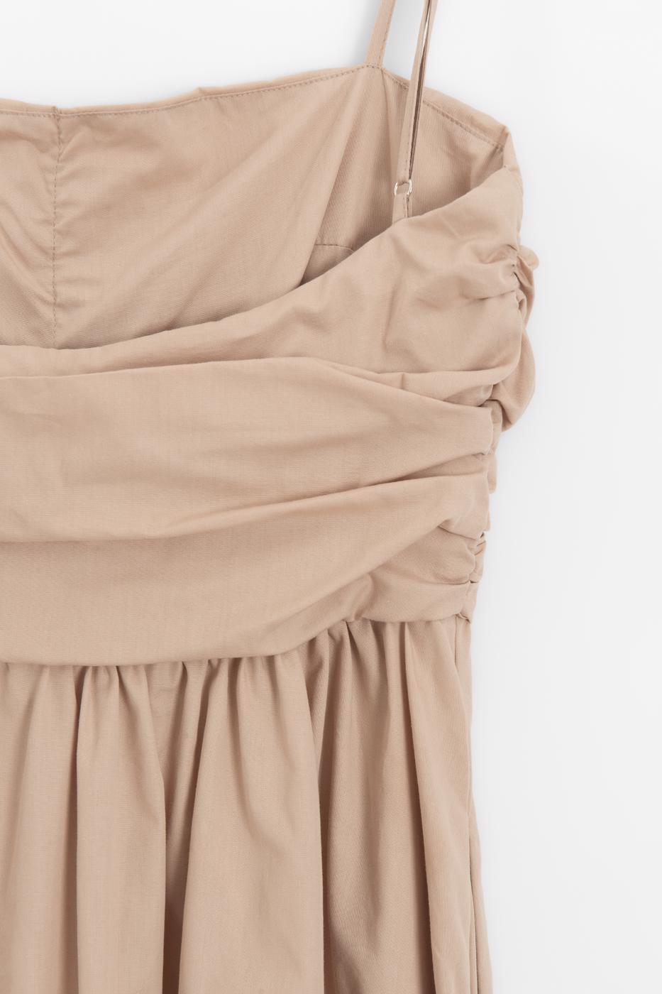Draped Strappy 100% Cotton Midi Dress Beige