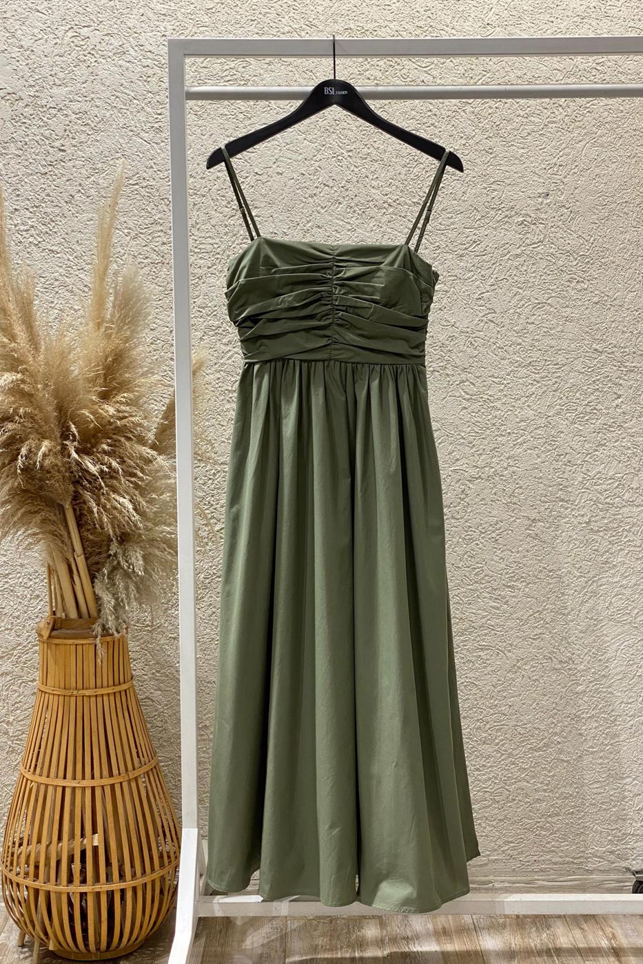 Draped Strappy 100% Cotton Midi Dress Khaki