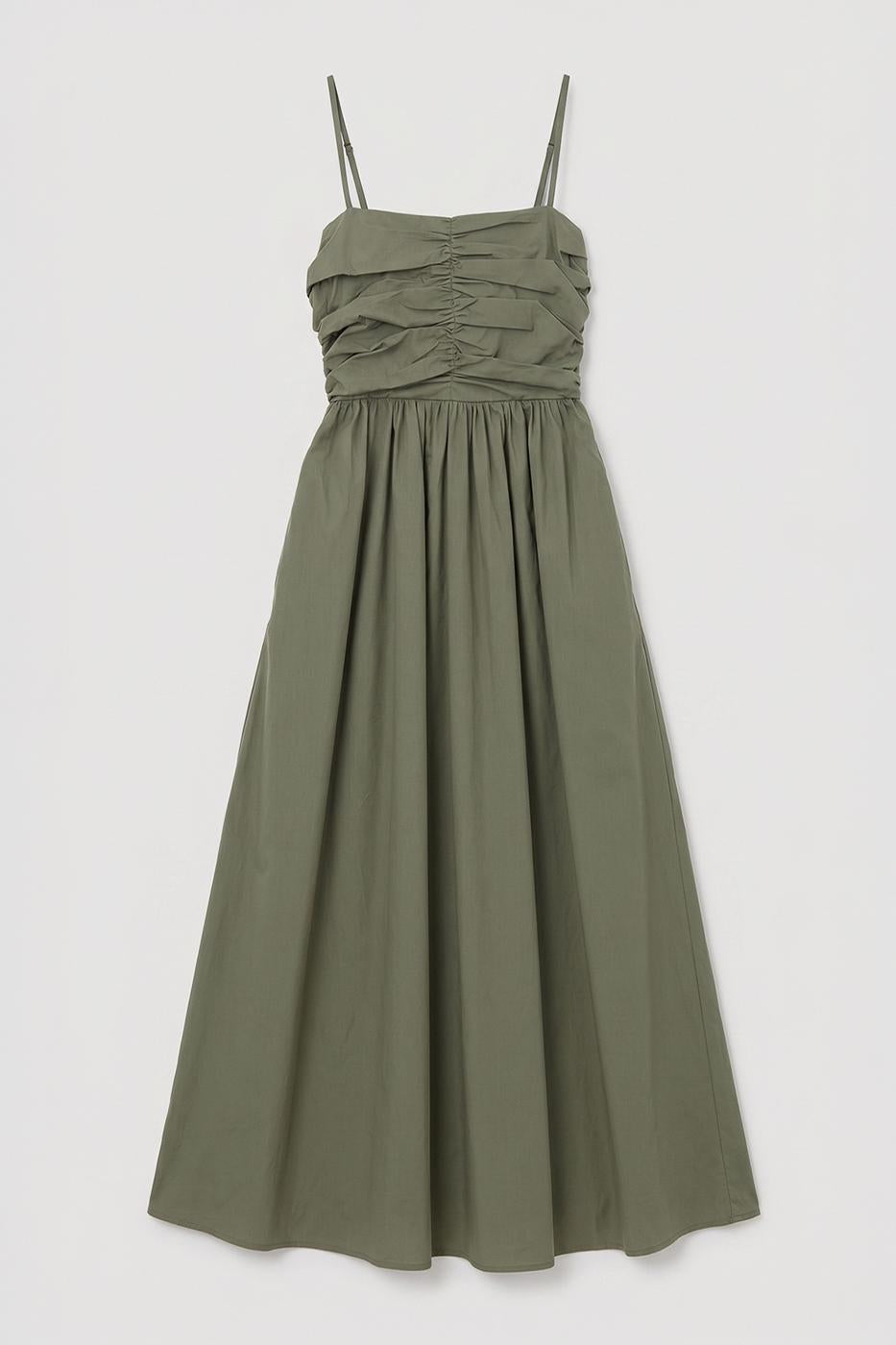 Draped Strappy 100% Cotton Midi Dress Khaki
