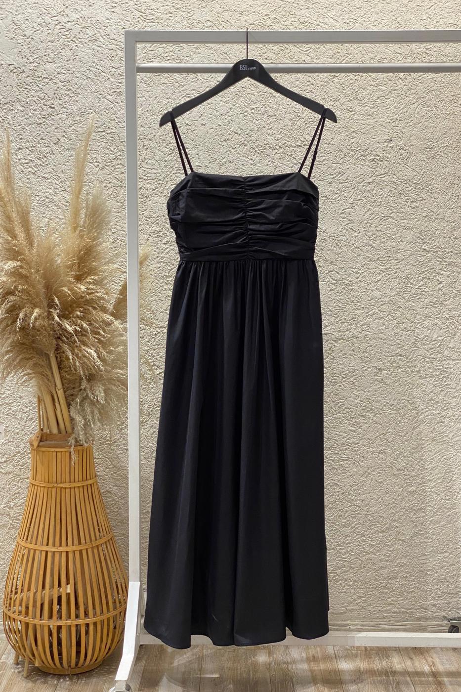 Draped Strappy 100% Cotton Midi Dress Black
