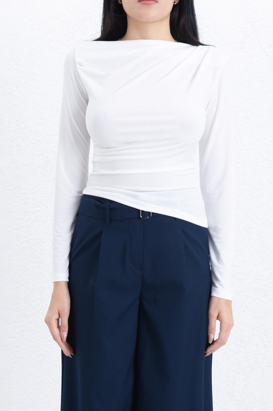 Draped Boat Neck Top Ecru