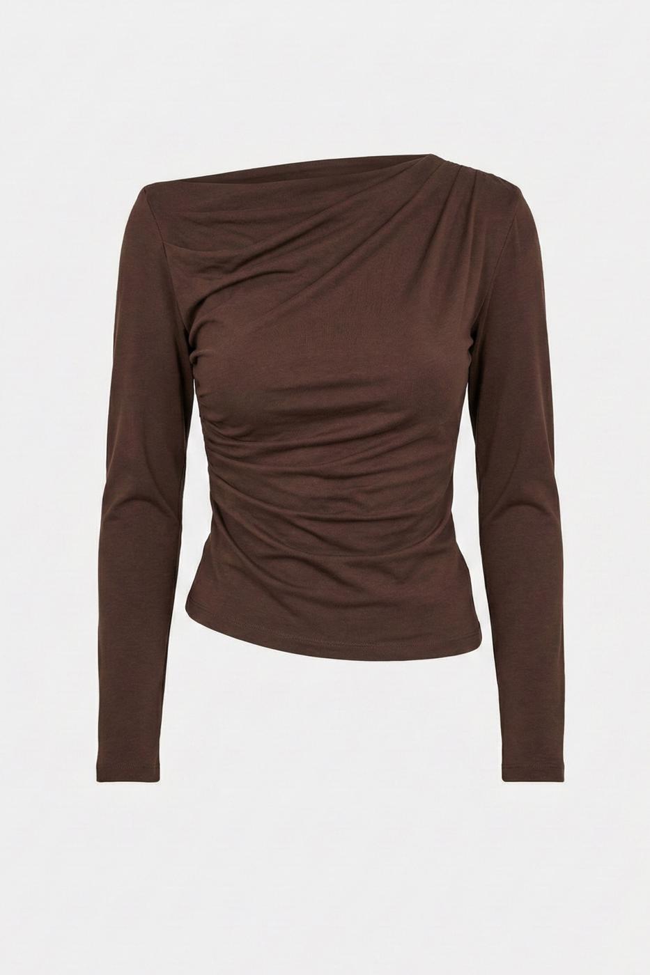 Draped Boat Neck Top Brown