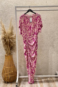 Draped Midi Length Linen Blend Dress Pink