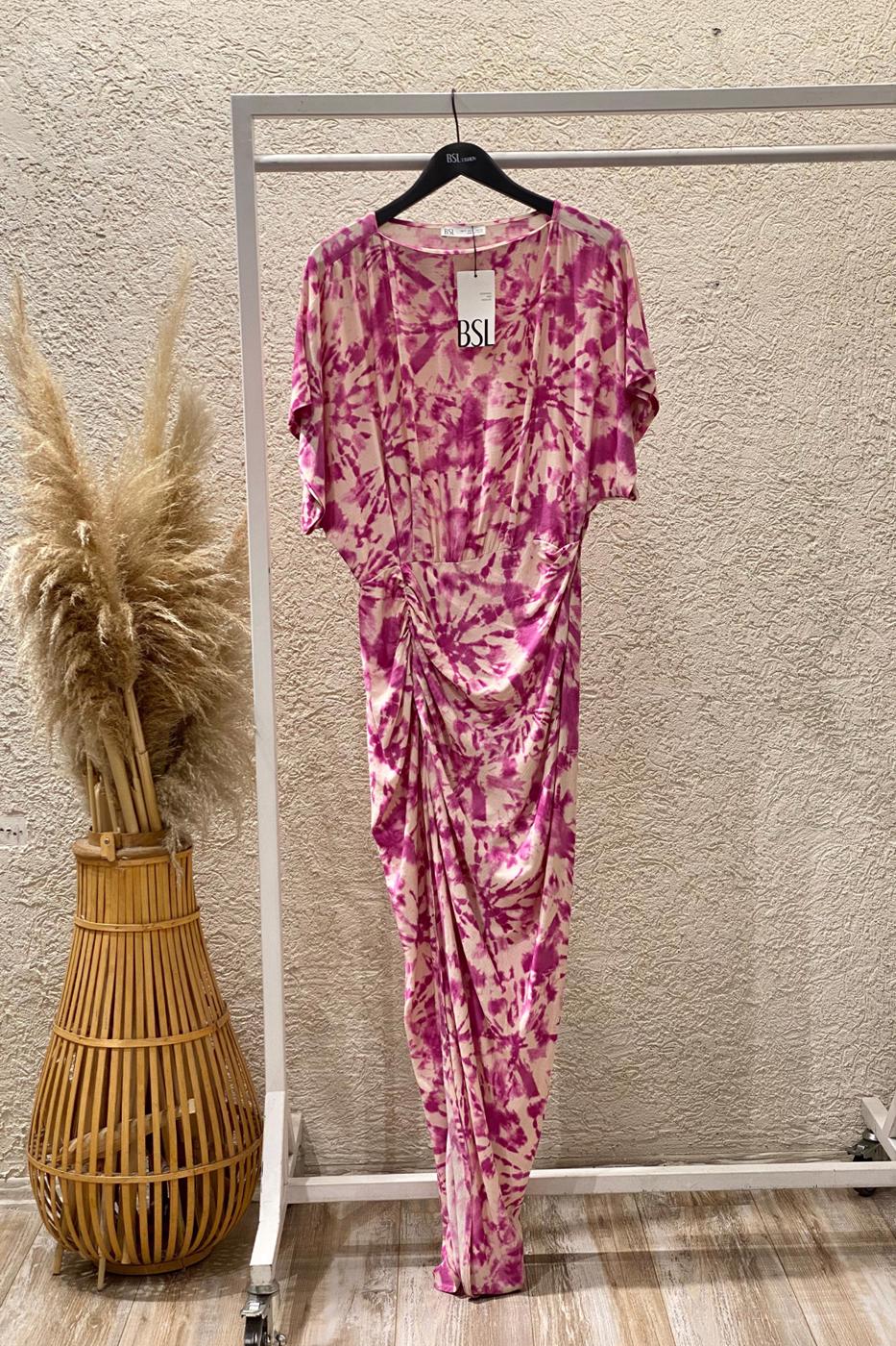 Draped Midi Length Linen Blend Dress Pink