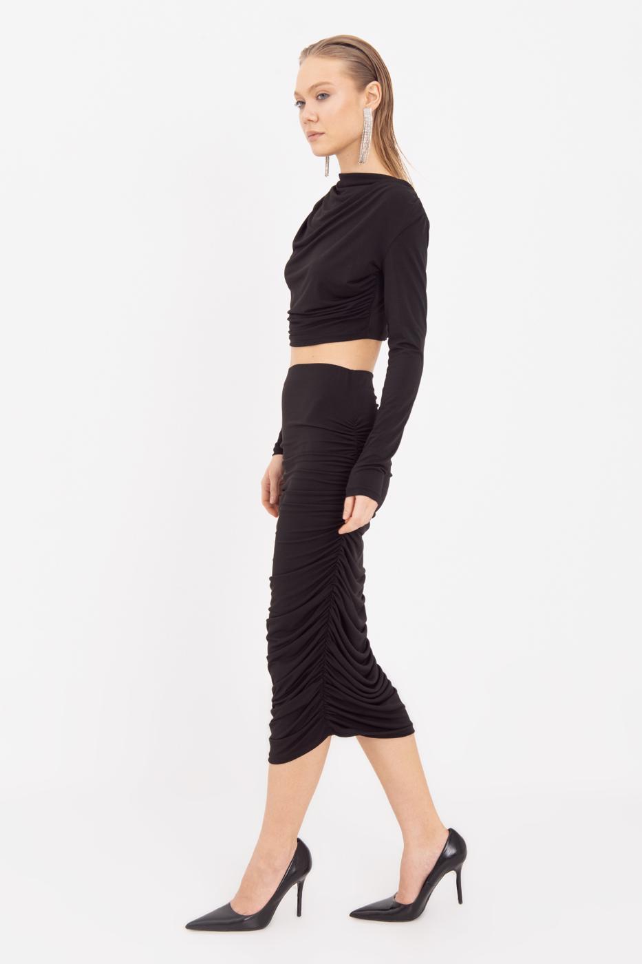 Draped Midi Pencil Skirt Black