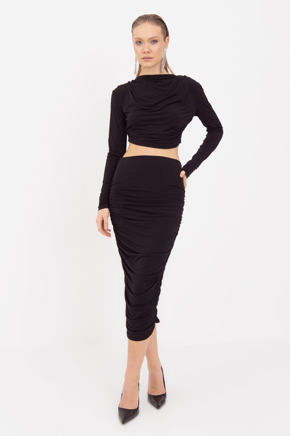 Draped Midi Pencil Skirt Black