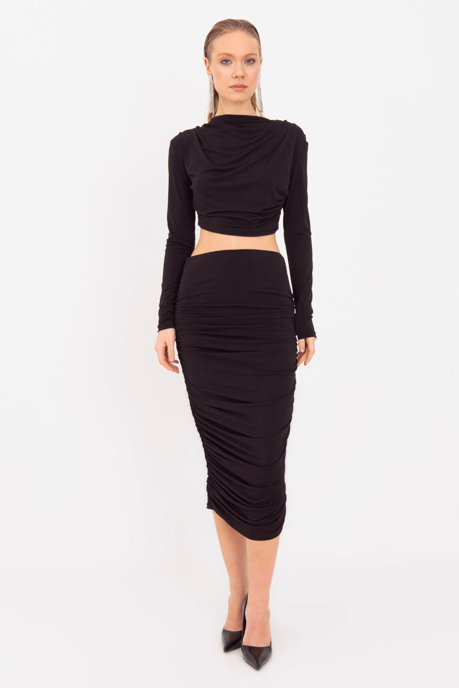 Draped Midi Pencil Skirt Black