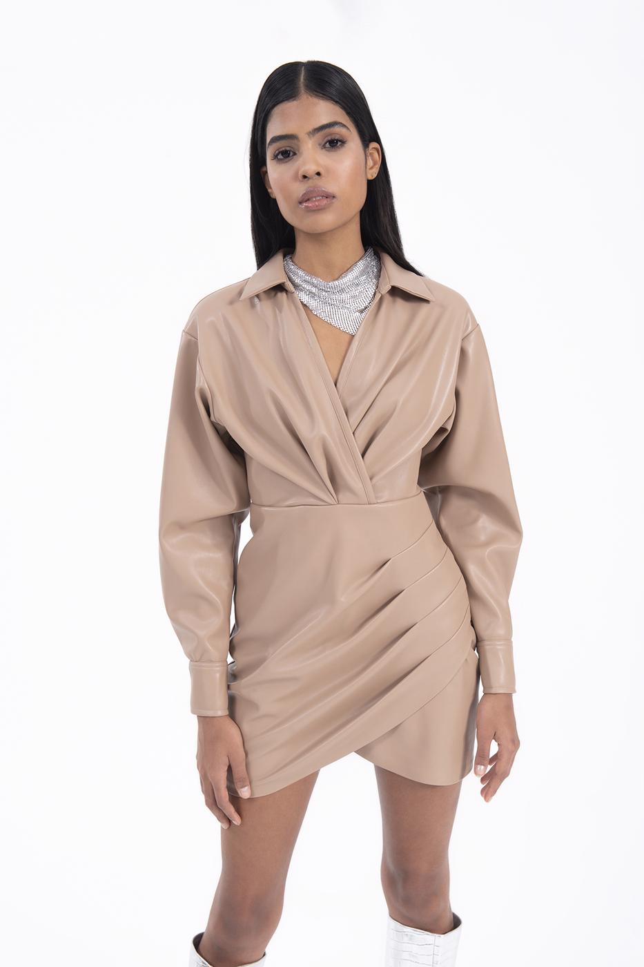Drapped faux leather mini dress