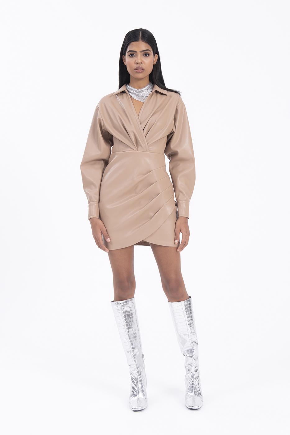 Drapped faux leather mini dress