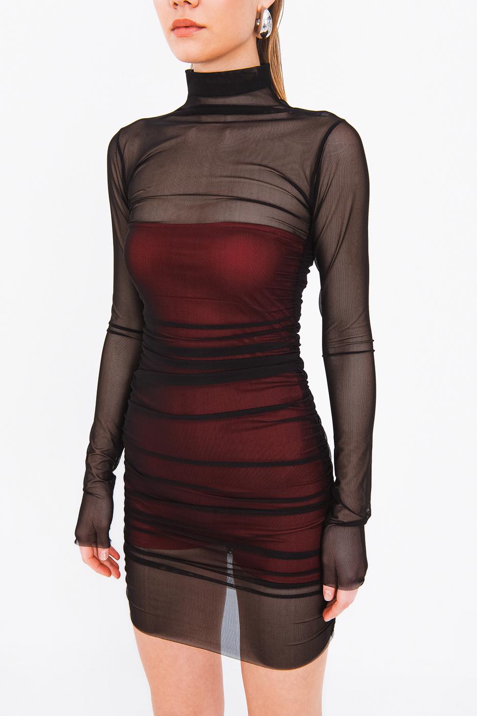 Draped Mini Tulle Dress Siyah kırmızı