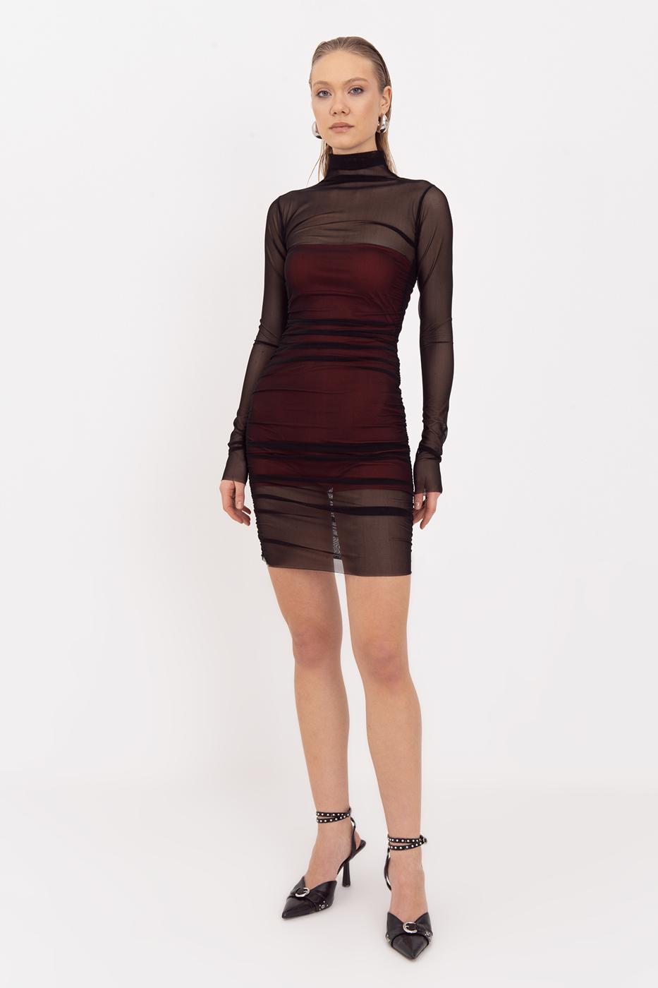 Draped Mini Tulle Dress Siyah kırmızı