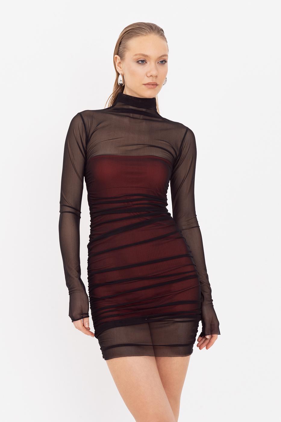 Draped Mini Tulle Dress Siyah kırmızı