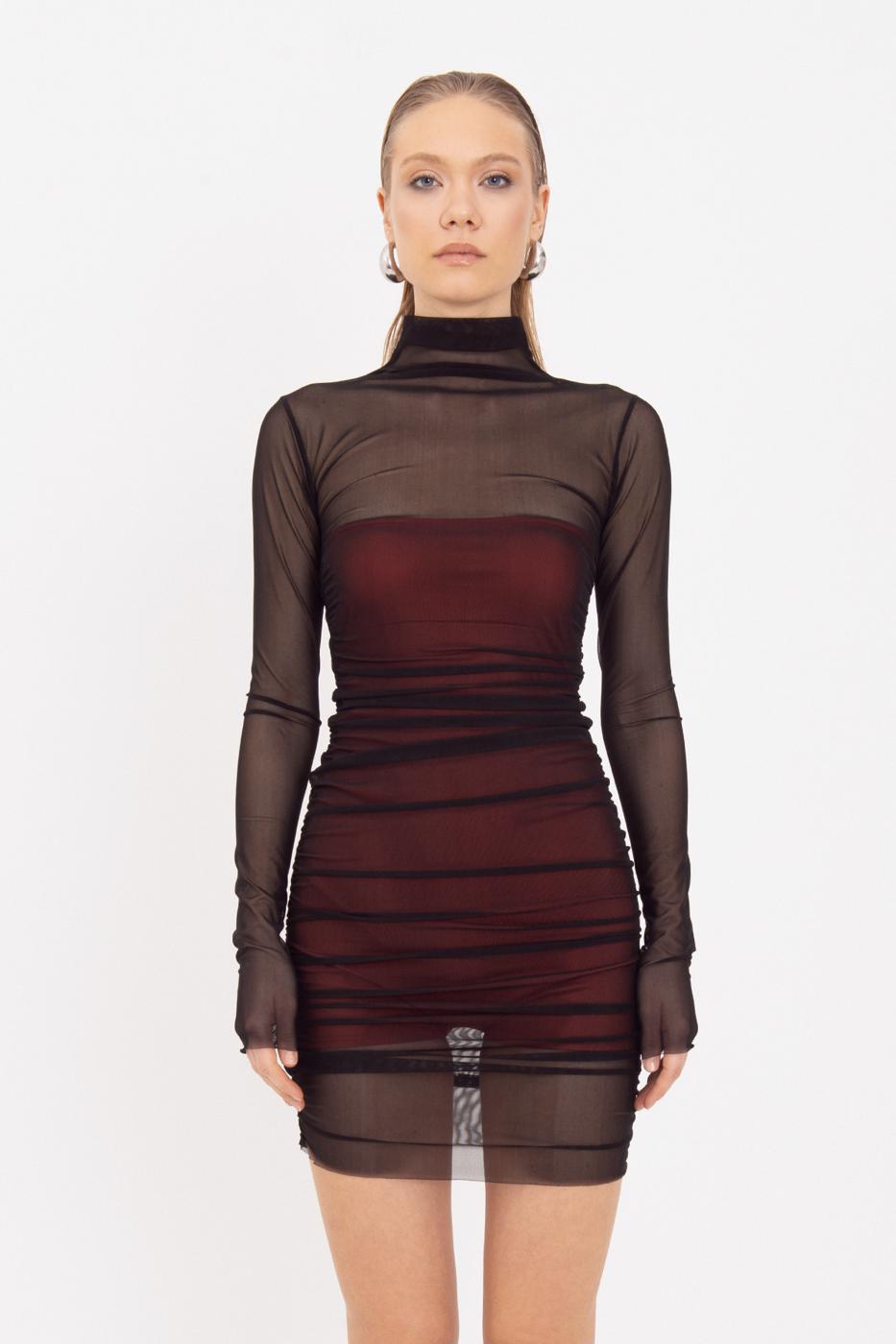 Draped Mini Tulle Dress Siyah kırmızı