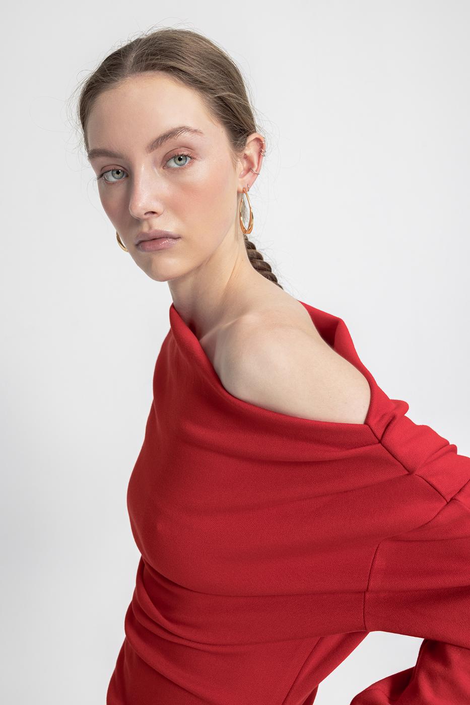 Draped Off-the-Shoulder Blouse Red