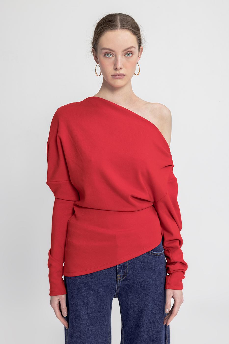 Draped Off-the-Shoulder Blouse Red