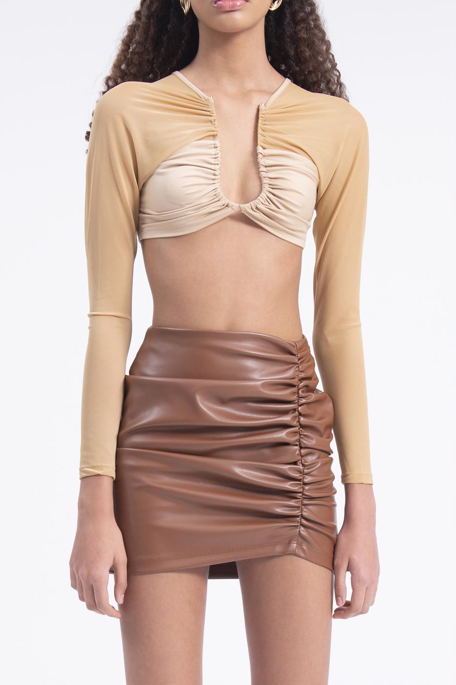 Drapped faux leather mini skirt Tabacco brown