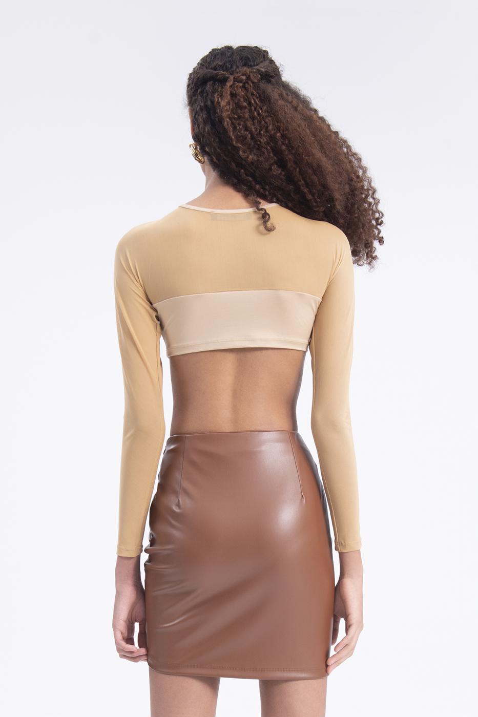 Drapped faux leather mini skirt Tabacco brown