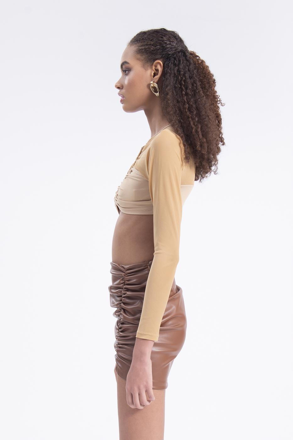 Drapped faux leather mini skirt Tabacco brown