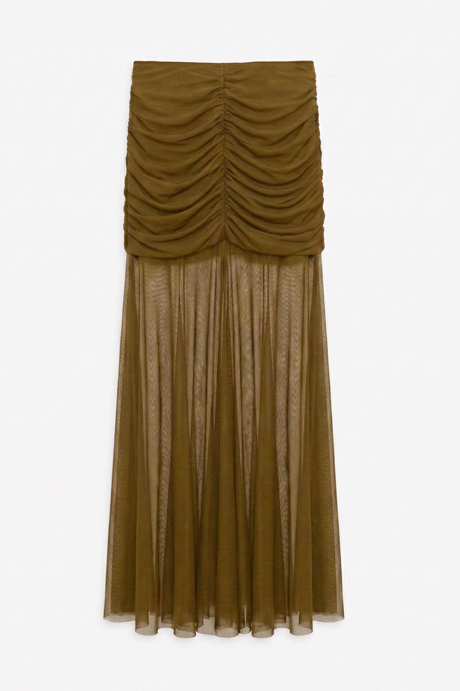 Draped Tulle Maxi Skirt Khaki