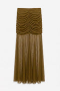 Draped Tulle Maxi Skirt Khaki