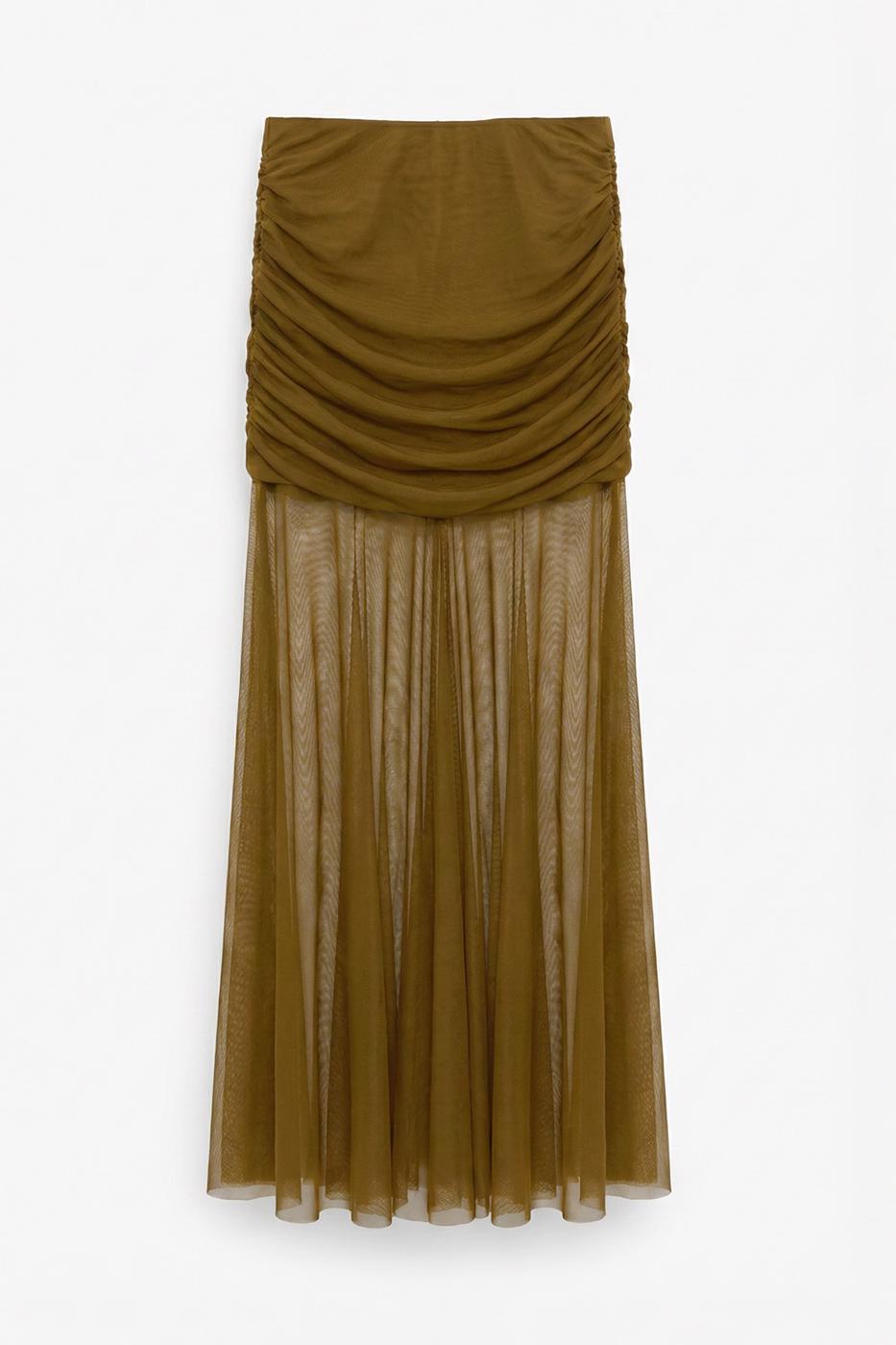 Draped Tulle Maxi Skirt Khaki