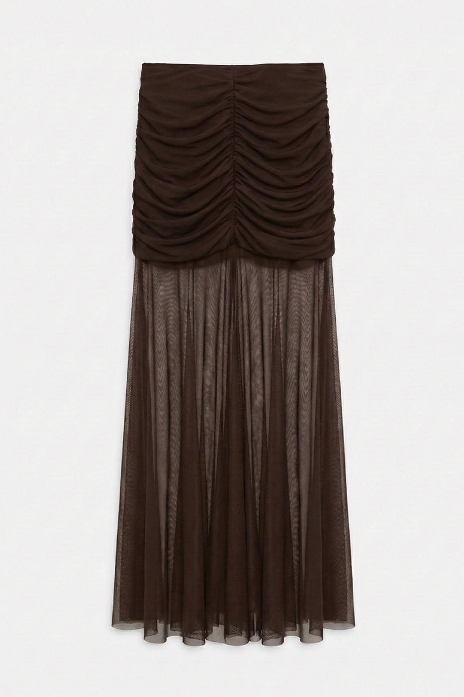 Draped Tulle Maxi Skirt Brown