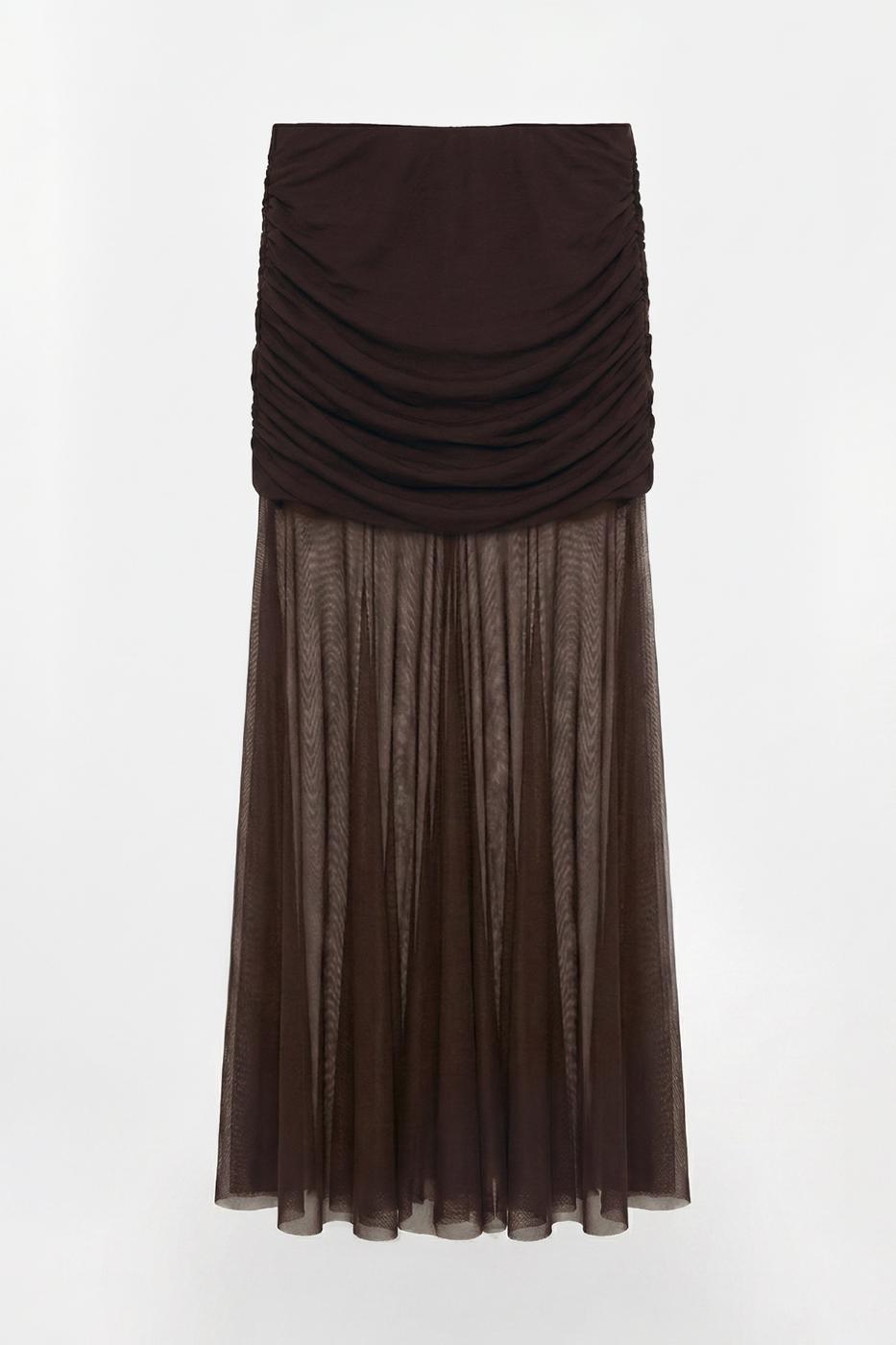 Draped Tulle Maxi Skirt Brown