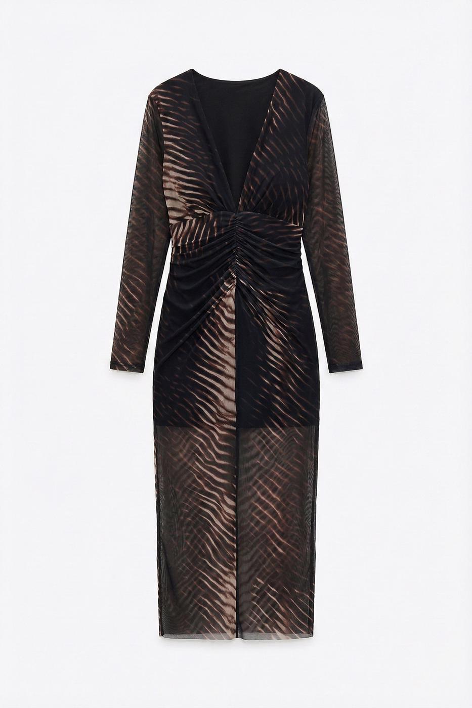 Draped Tulle Midi Dress Black
