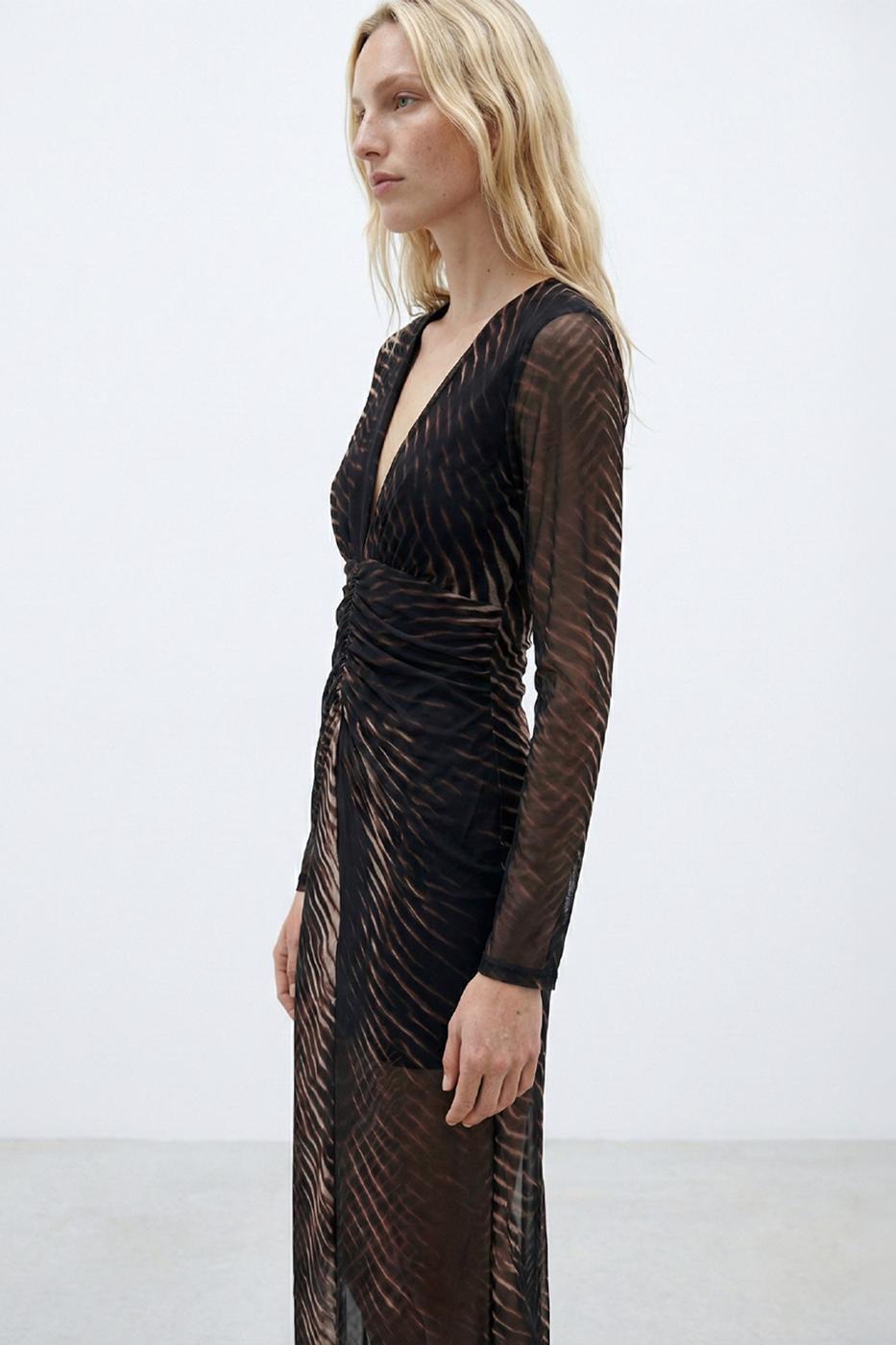 Draped Tulle Midi Dress Black