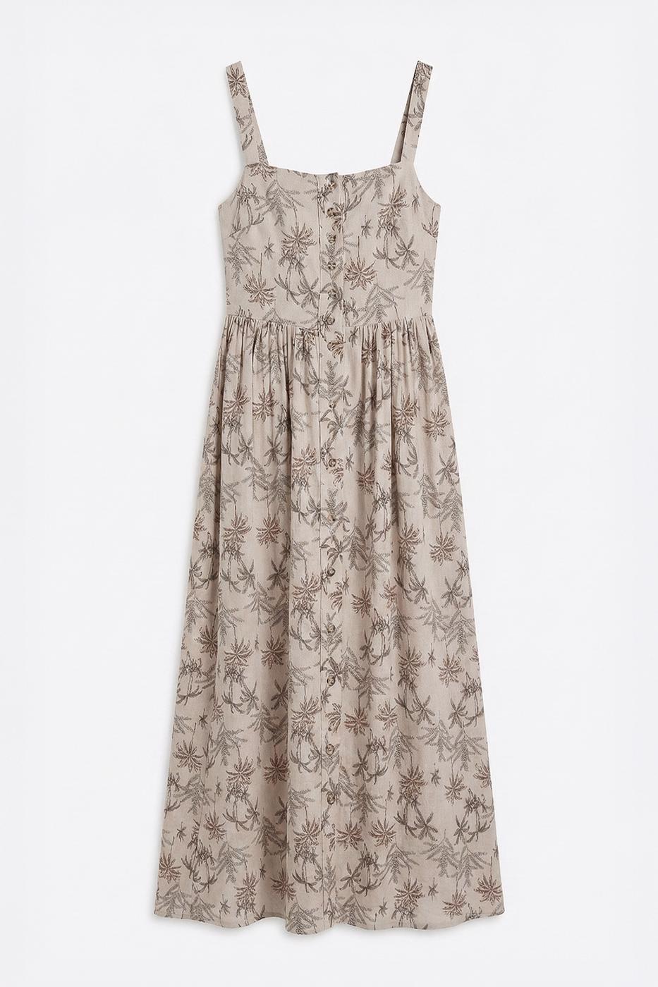 Buttoned Strappy Linen Blend Midi Dress Beige