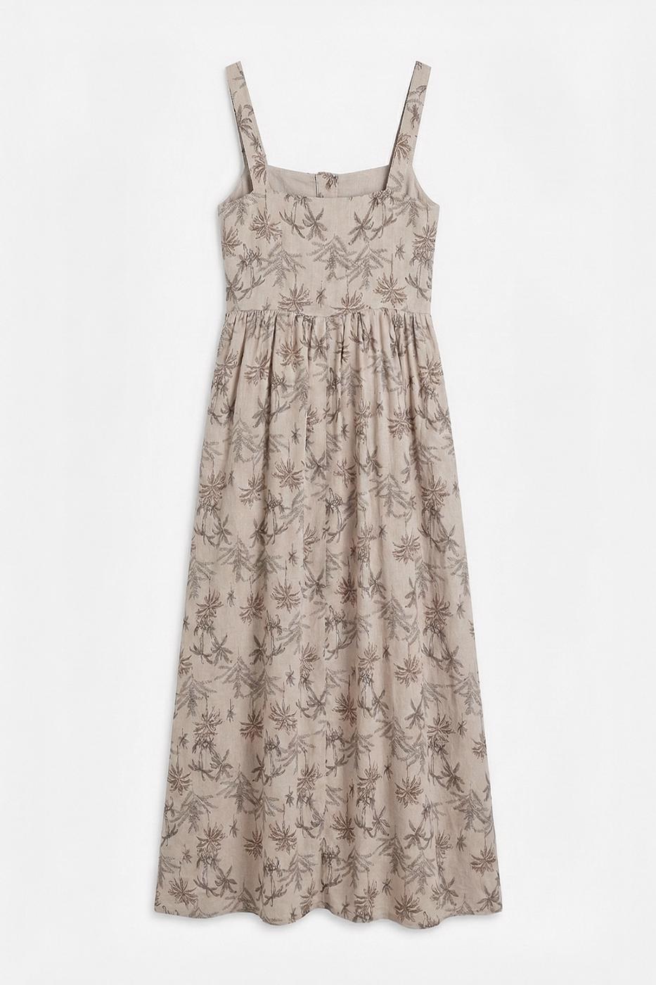 Buttoned Strappy Linen Blend Midi Dress Beige