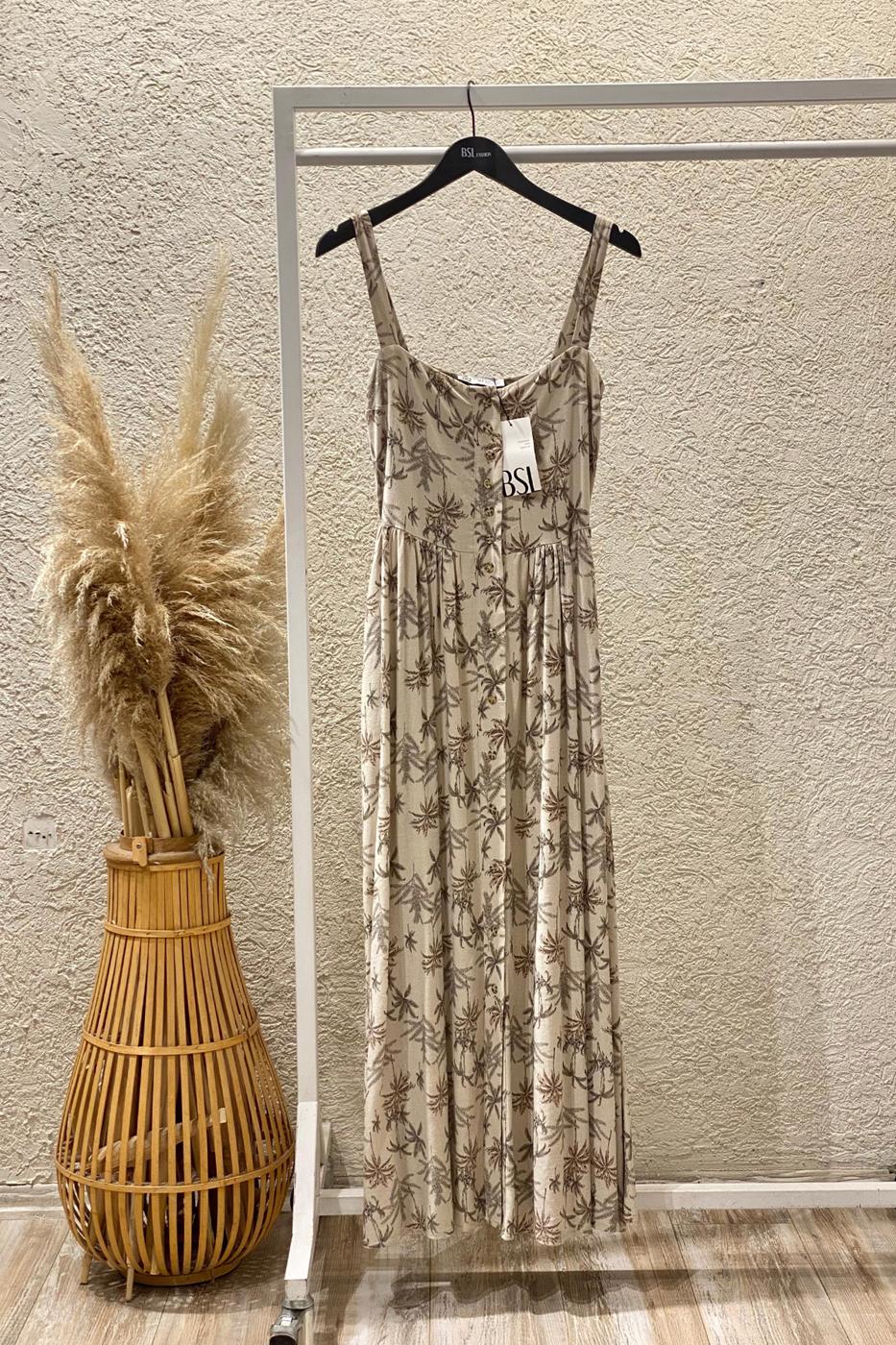Buttoned Strappy Linen Blend Midi Dress Beige