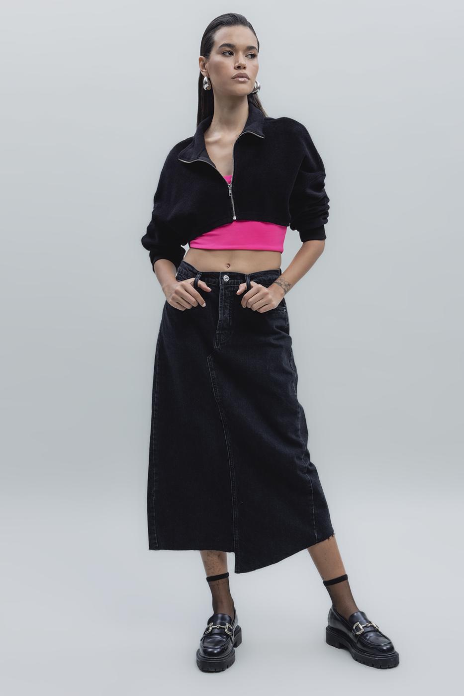 Low Waist Midi Denim Skirt Black