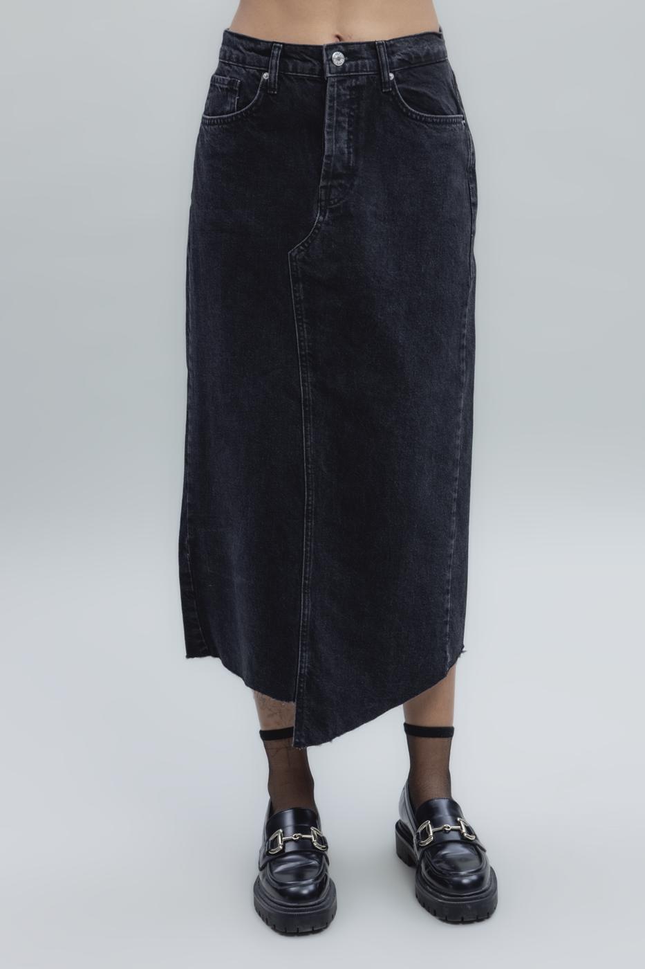 Low Waist Midi Denim Skirt Black