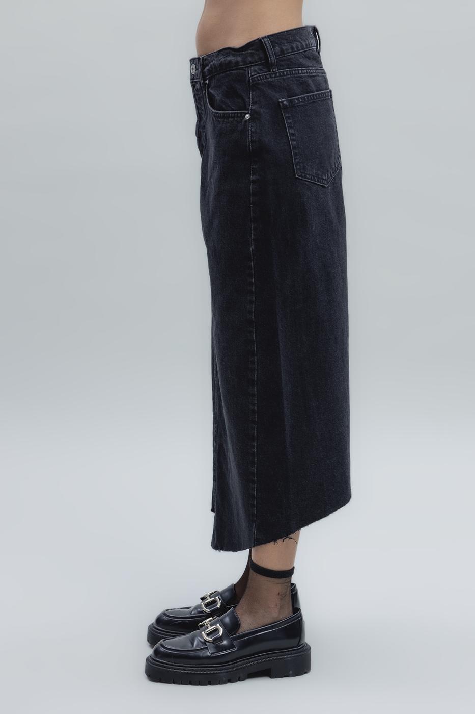 Low Waist Midi Denim Skirt Black