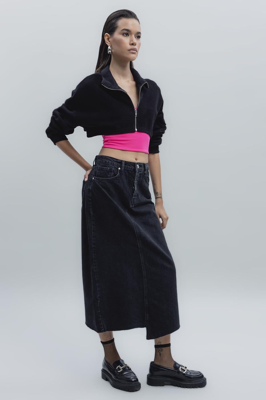 Low Waist Midi Denim Skirt Black