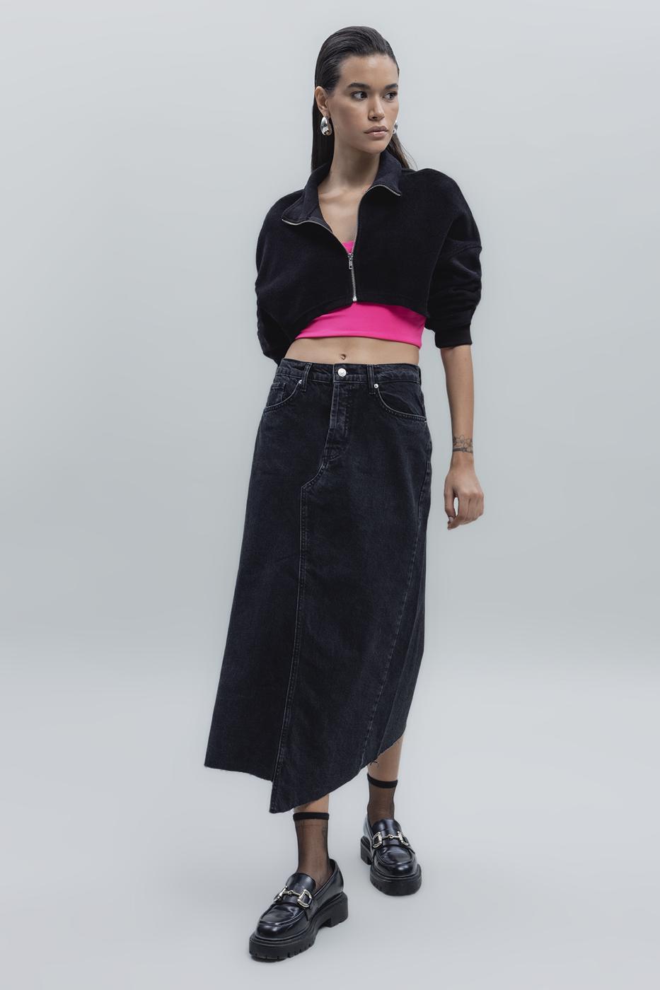 Low Waist Midi Denim Skirt Black