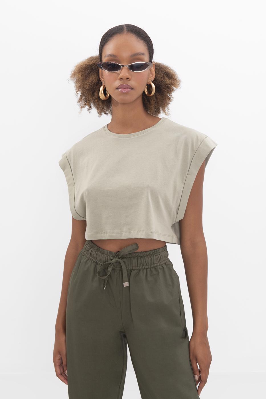 Dropped shoulder crop T-shirt Khaki